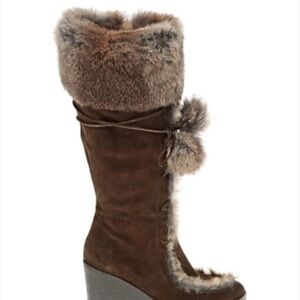 Coach Brown Suede Wedge Boot with Faux Fur Trim